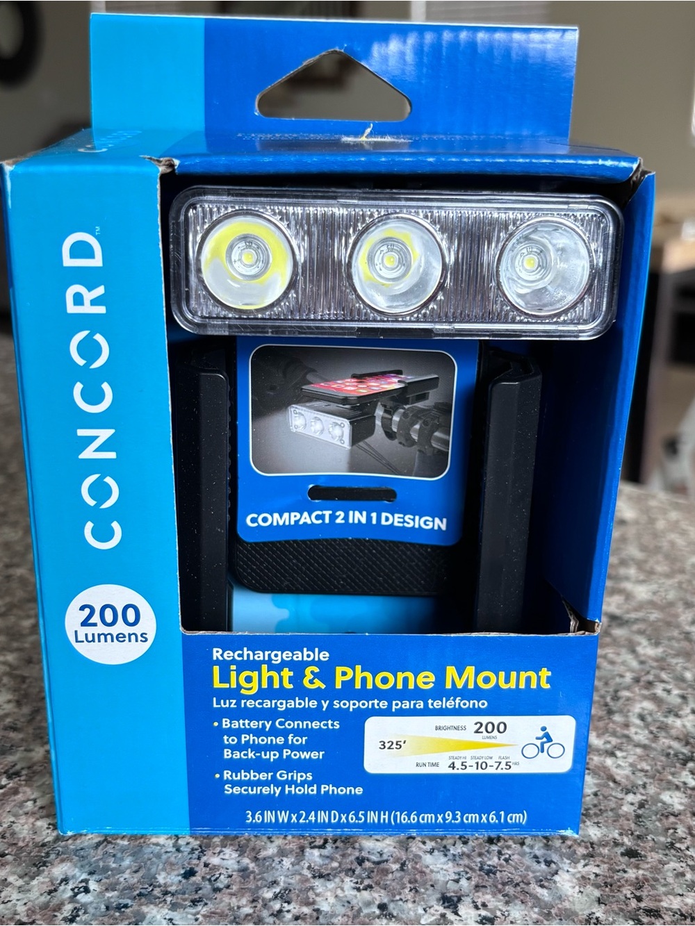 Concord Rechargeable Bike Light Phone Mount 200 Lumens USB Power Bank